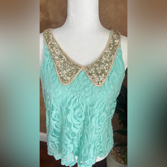 Daytrip Teal sheer sleeveless gold collar top sz Medium - Picture 6 of 7